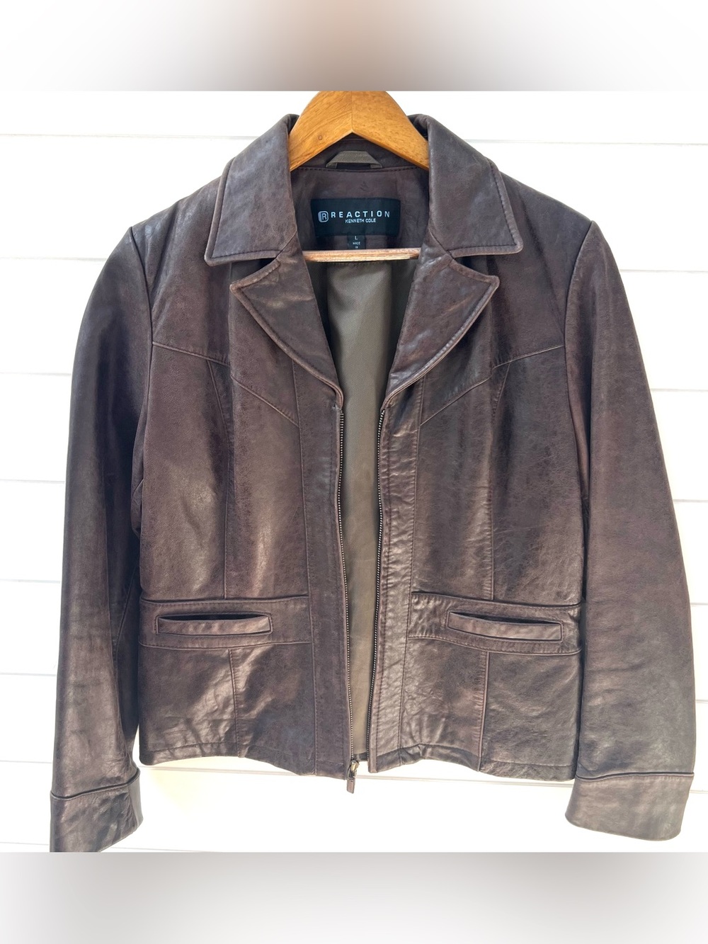 Kenneth Cole Reaction Brown Leather Jacket Western Y2K Moto Size L